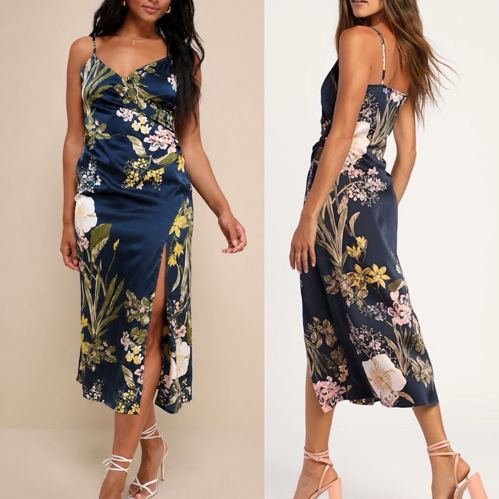 Lulu's Navy Floral Satin Midi Slip Dress with Side Slit - Picture 2 of 8